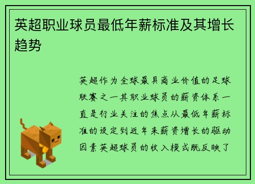 英超职业球员最低年薪标准及其增长趋势